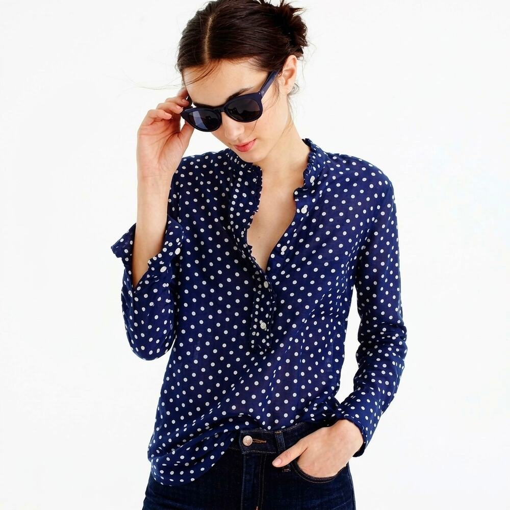 J.Crew Popover Shirt Top Polka Dot Ruffled Long Sleeve Navy Blue White Size 0